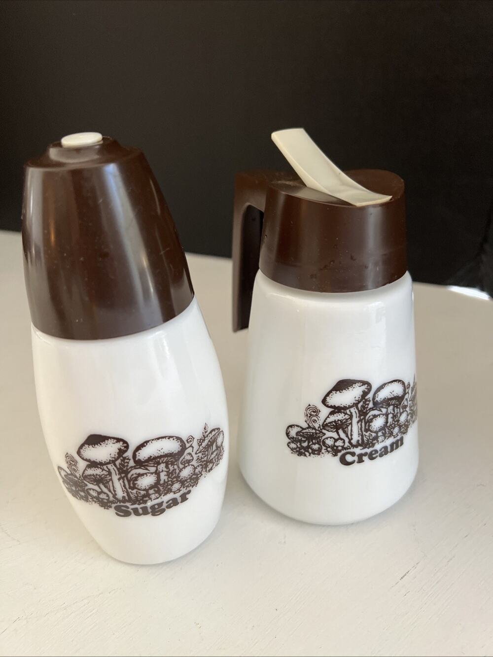 Vtg GEMCO Creamer Sugar Set 5.25” & 6” Mushroom Woodland Brown White Milk Glass